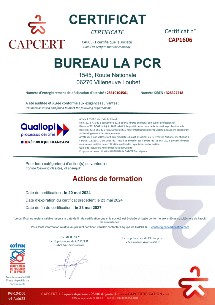 Certificat Qualiopi Bureau de la PCR